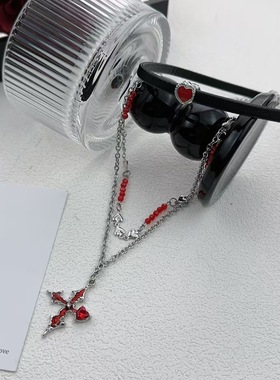 甜酷风十字架爱心多层皮革项链女choker颈链Y2K辣妹设计感锁骨链