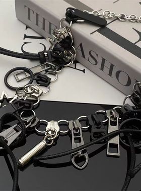 欧美好多拉链黑色项链朋克系列链头重工亚文化y2k锁骨链颈链女