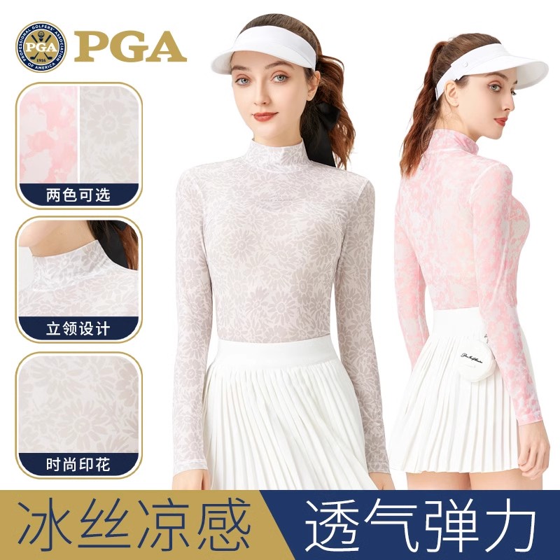 美国PGA 高尔夫服装女装夏季冰丝防晒运动内衣打底衫长袖衣服上衣 - 图0