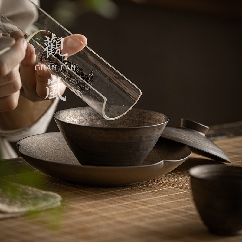 观岚手工薄胎粗陶三才盖碗茶杯家用陶瓷泡茶碗防烫手抓碗功夫茶具 - 图1