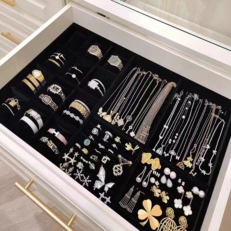 定制衣帽间绒布首饰收纳盒化妆桌托盘项链戒指抽屉内分隔饰品实木 - 图2