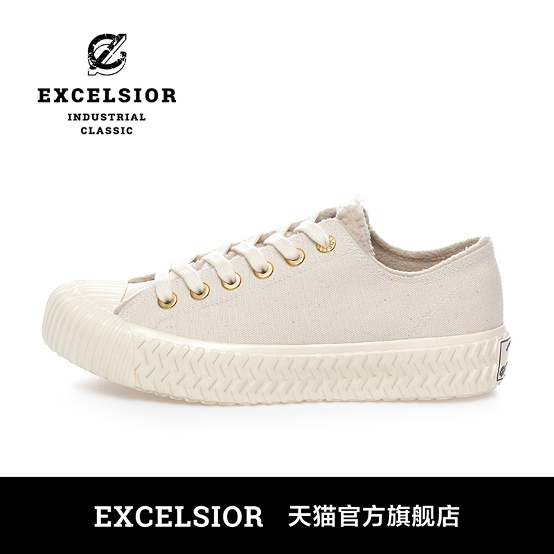excelsior饼干鞋官方 冬季加绒女鞋运动休闲鞋男低帮厚底帆布鞋