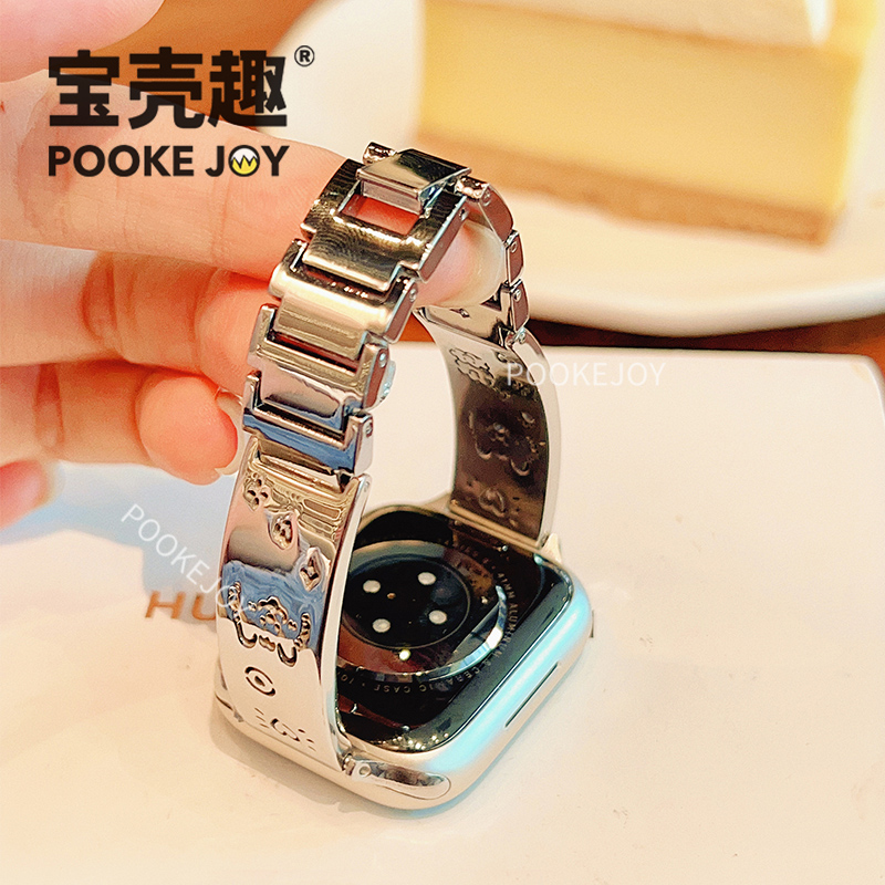 宝壳趣适用苹果手表s10爱心小狗表带applewatch9不锈钢表带10代s8福字手镯49/45/41创意46/42mm可爱链式新年 - 图3