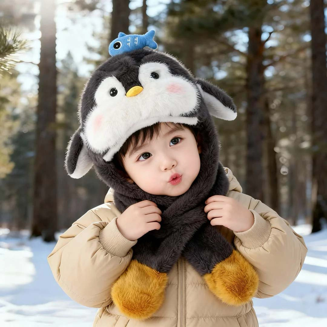 儿童帽子毛绒帽围巾一体冬季保暖护耳宝宝男女童可爱企鹅耳朵会动,淘宝优惠券,粉丝福利购,淘宝优惠卷