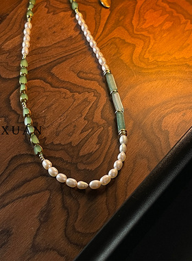 碧波幽兰 绿东陵玉石项链感新中式国风气质叠戴淡水珍珠颈链