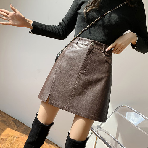 皮裙短裙女秋冬季2025年新款黑色PU小皮裙高腰a字裙包臀半身裙子 - 图1