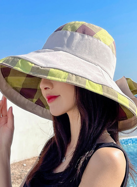 格子麻棉大帽檐防晒太阳帽女夏季