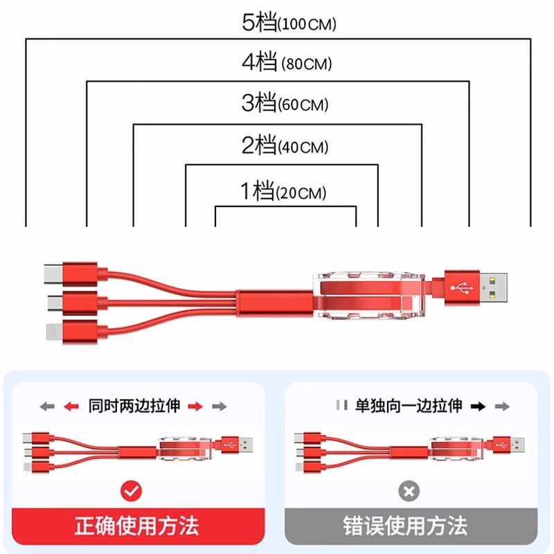 一拖三充电线伸缩三合一手机快充typec适用于苹果数据线安卓定制logo多功能多用收缩多口通用冲电车载usb车载 - 图3