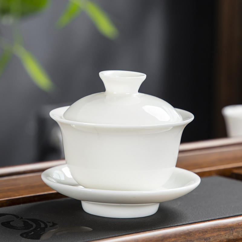 德化羊脂玉白瓷单个盖碗茶杯陶瓷茶具大号泡茶器家用功夫三才茶碗 - 图2