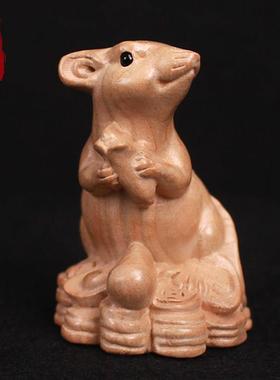 桃木鼠摆件十二生肖鼠老鼠招财客厅办公室卧室木雕汽车工艺礼品摆