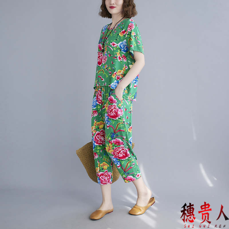 中老年棉稠套装女夏季洋气妈妈夏装短袖七分裤时尚外穿绵绸两件套