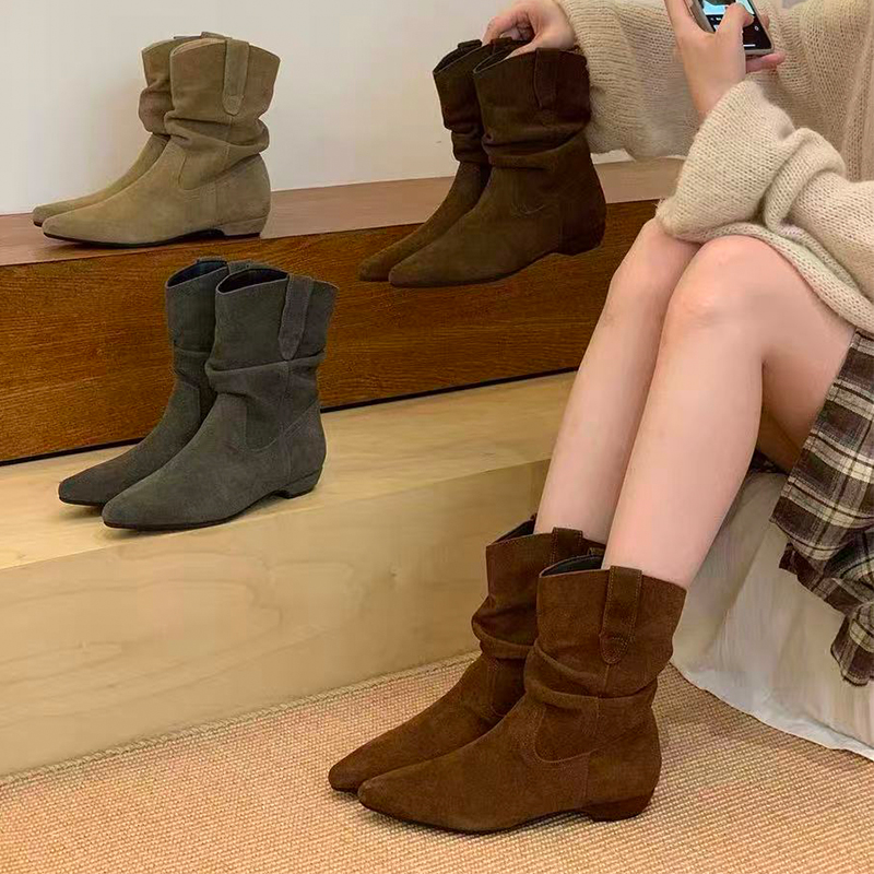 复古坡跟尖头短靴女2025年新款西部牛仔堆堆靴显瘦V口百搭瘦瘦靴 - 图0