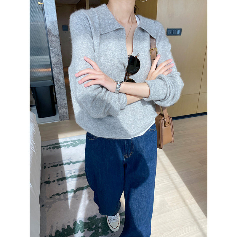 高级感v领灰色女慵懒polo领针织衫 myblun毛针织衫