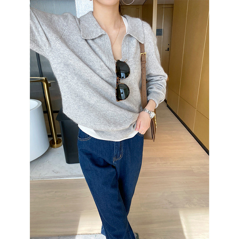 高级感v领灰色女慵懒polo领针织衫 myblun毛针织衫