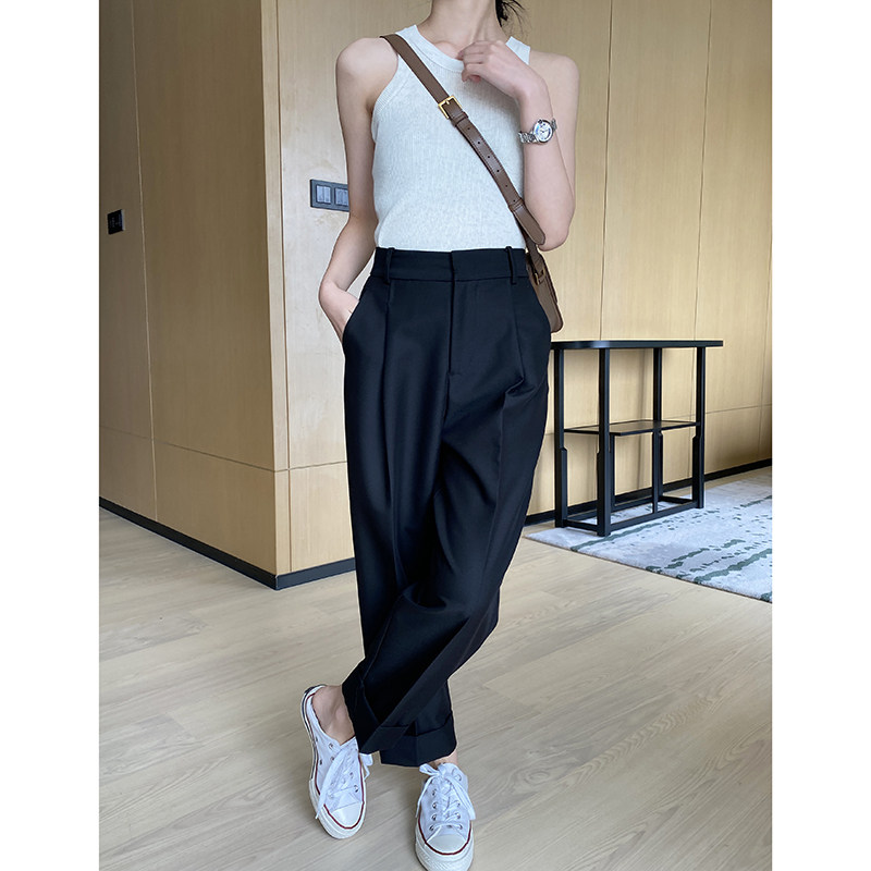 直筒裤小个子女压褶黑色高腰休闲裤 myblun休闲裤