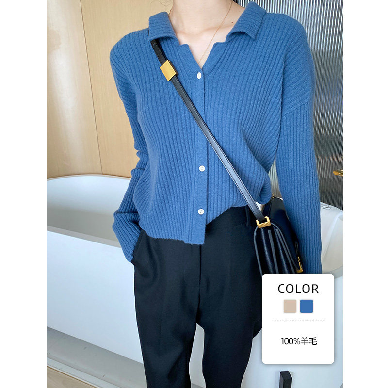 蓝色开衫女别致短款克莱因蓝羊毛衫 myblun毛衣