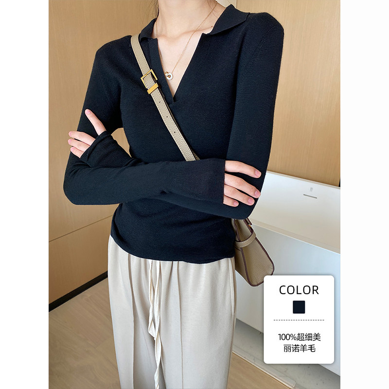 美丽诺羊毛打底修身v领早秋针织衫 myblun毛针织衫