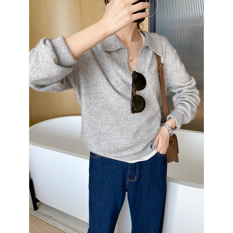 高级感v领灰色女慵懒polo领针织衫 myblun毛针织衫