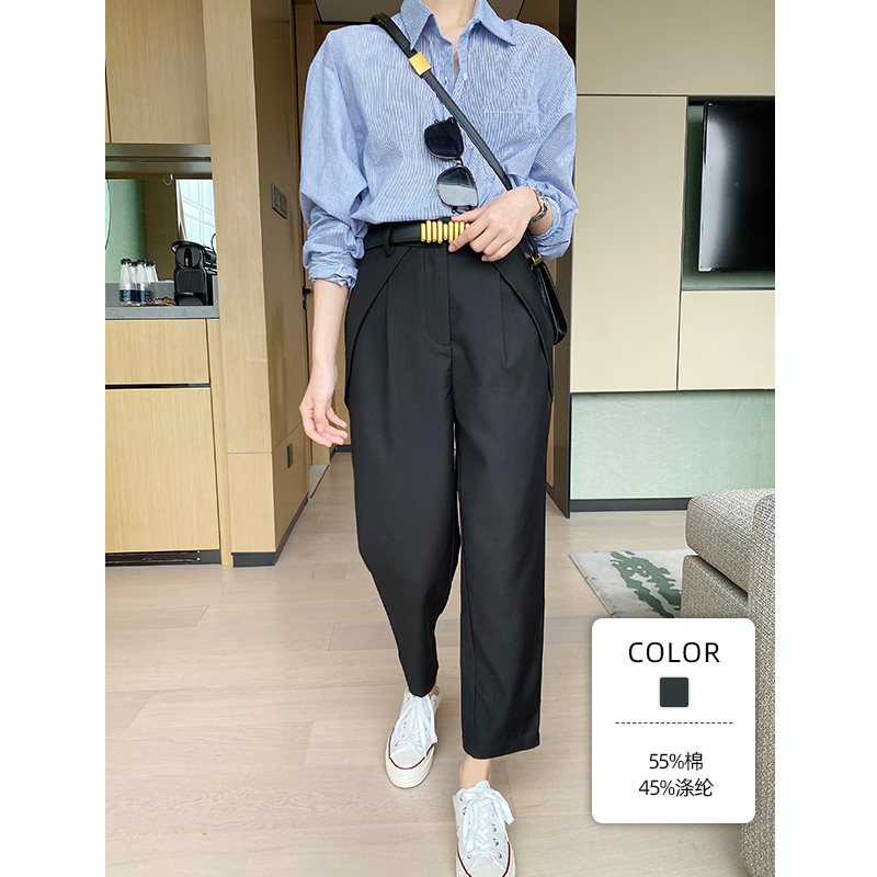 黑色高腰春季压褶小个子休闲西装裤 myblun休闲裤