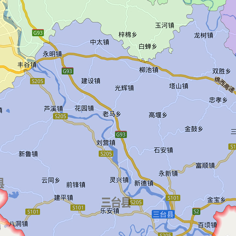 绵阳市地图90cm四川省新款行政信息交通路线颜色划分高清色彩图片