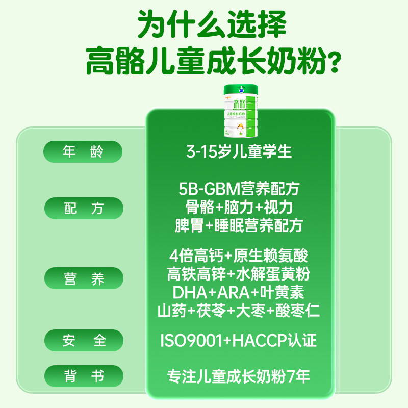首冠高骼儿童成长奶粉高钙铁锌赖氨酸3到15岁青少年学生成长奶粉