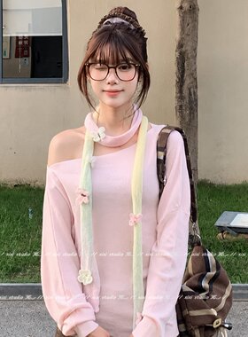 粉绿渐变针织蝴蝶围巾设计感护颈