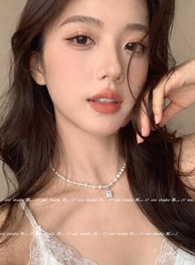 精致珍珠方钻吊坠项链夏天颈链女