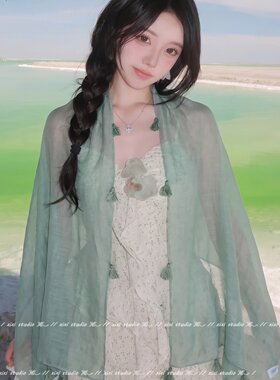 水绿色丝巾女外搭夏季围巾可外穿