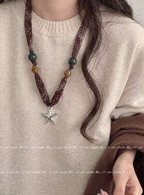 黑色腰果花吊坠丝巾项链女抽拉式