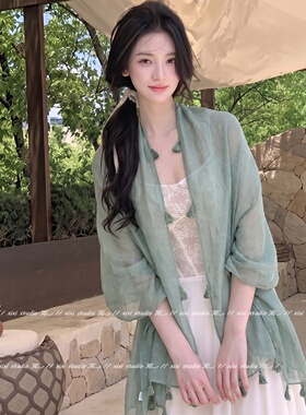 新中式水绿色披肩女外搭流苏开衫