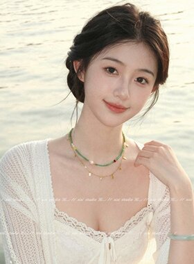 绿色串珠叠戴项链氛围感旗袍颈链