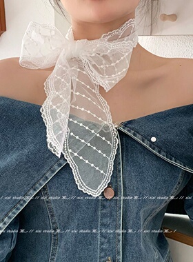 白色蕾丝波点丝巾项链高级感系脖