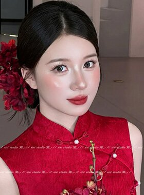 复古红色花朵发簪古风簪花造型女