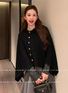 卡灰色斜扣套头大披肩含羊毛披风