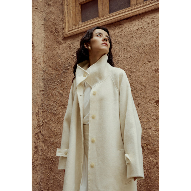 INGE 淡金杏重磅澳毛极简廓形立领插肩袖系带长款双面呢外套大衣