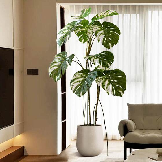 Simulated plants, fake trees, indoor living room, floor-to-ceiling large monstera, high-end bionic green plant potted decorative ornaments