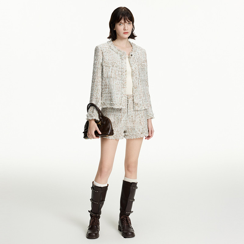 MOISSAC摩萨克夏款法式优雅风复古绿小香风粗花呢短裤女,淘宝优惠券,粉丝福利购,淘宝优惠卷