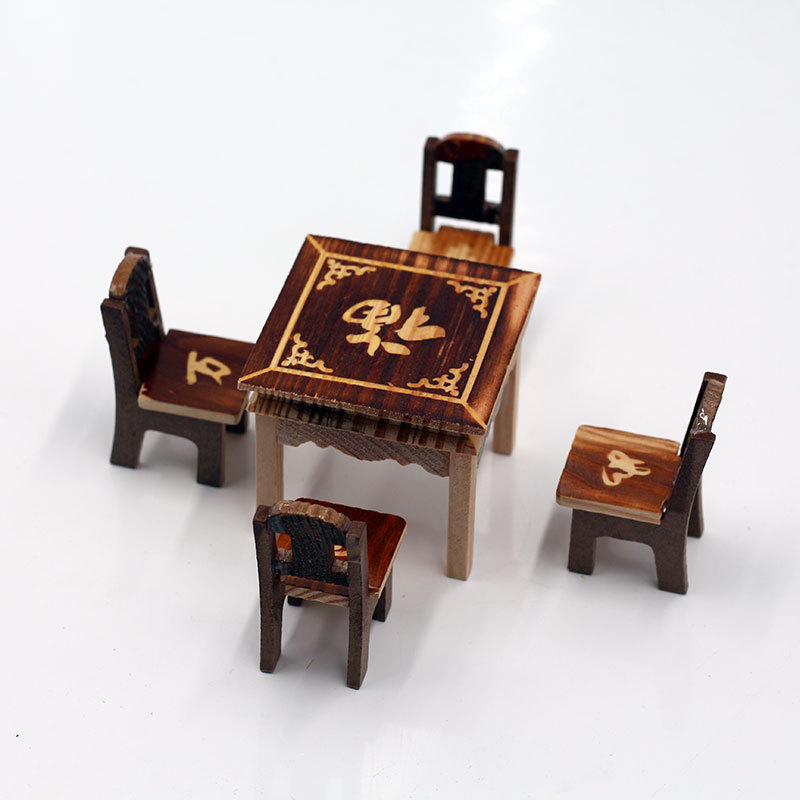 木质八仙桌一桌四椅套装迷你小餐桌小孩过家家玩具小方桌模型摆件 - 图0