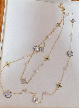 四叶草毛衣链天然淡水珍珠形态毛衣链总长85CM手工衔接百搭气质