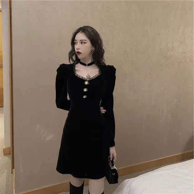 很仙复古优雅黑天鹅少女年会连衣裙 述氧连衣裙