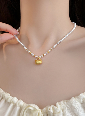新款金色小胖福字吊坠珍珠项链