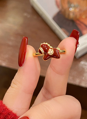 新款红色小马铜钱戒指简约开口戒