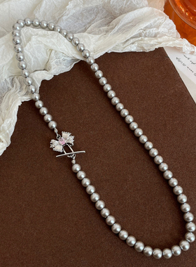 新款灰色珍珠蝴蝶结OT扣