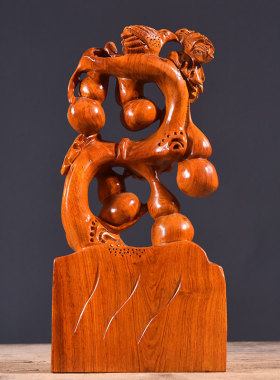 摆件葫芦雕刻工艺品红木五福临门