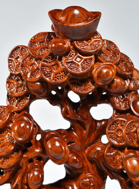 花梨木雕摇钱树摆件红木乔迁摆设