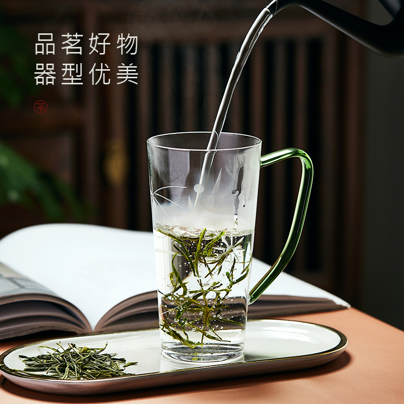 高档水杯玻璃家用专用绿茶杯猴魁专用泡茶高硼硅耐高温带把喝茶杯