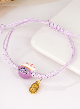 2024手工编织蜡线陶瓷招财猫咪手链小众设计感情侣手绳手链女