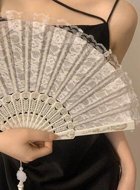 新中式复古黑蕾丝折扇JK洛丽塔