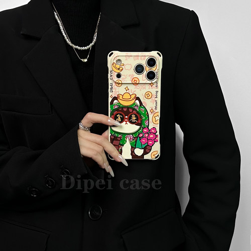 新年有财猫~17promax四角开孔手机壳带链条适用苹果iPhone16plus华为mate70pro斜挎60侧背Pura80手提14小米15 - 图1