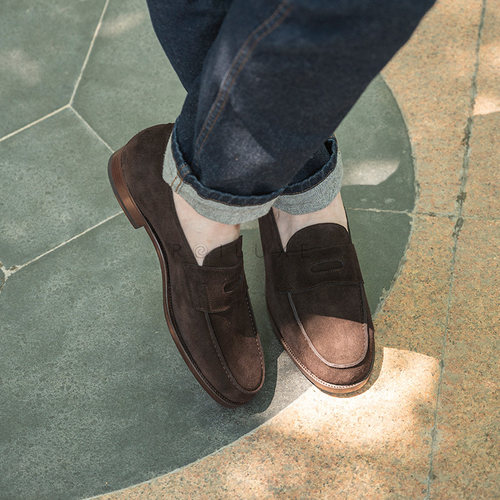 雅生AXEN国产固特异工艺便士乐福通勤男翻毛皮光面皮penny Loafer - 图0